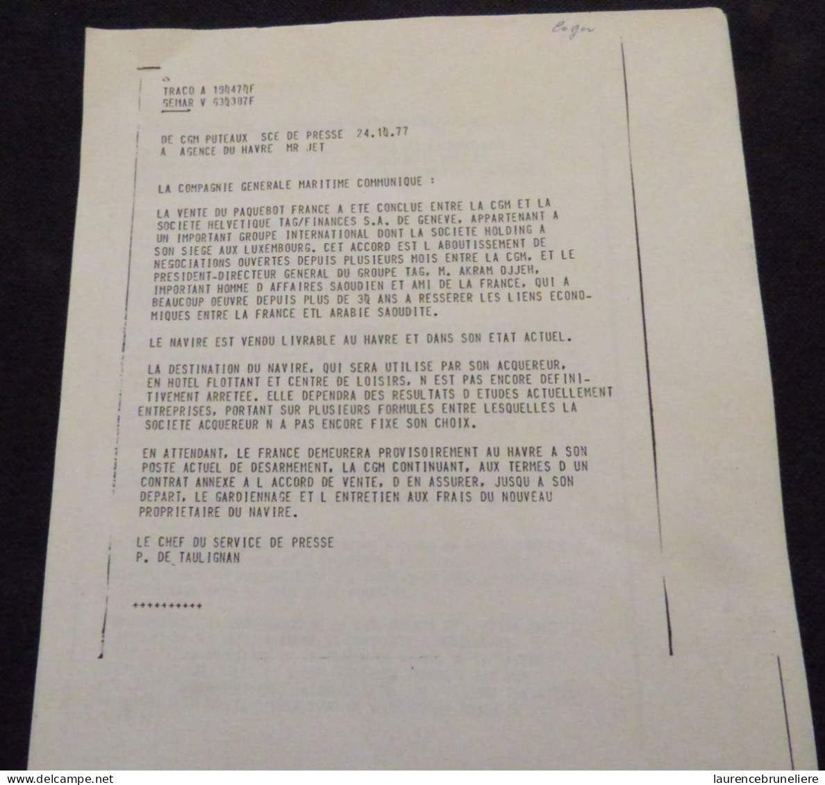 DOCUMENT DU SERVICE DE PRESSE COMPAGNIE GENERALE MARITIME POUR LA VENTE DU PAQUEBOT "FRANCE" -  A L'ARABIE SAOUDITE 1977 - Documents Historiques