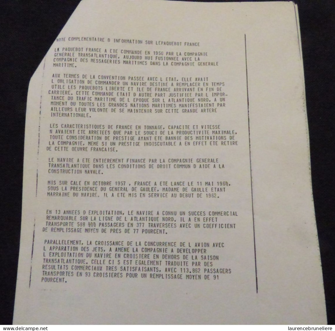 DOCUMENT DU SERVICE DE PRESSE COMPAGNIE GENERALE MARITIME POUR LA VENTE DU PAQUEBOT "FRANCE" -  A L'ARABIE SAOUDITE 1977 - Historical Documents