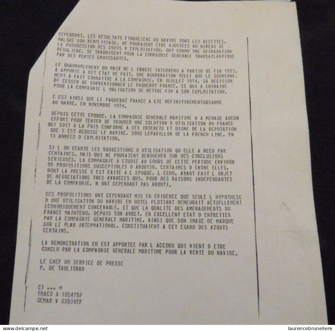 DOCUMENT DU SERVICE DE PRESSE COMPAGNIE GENERALE MARITIME POUR LA VENTE DU PAQUEBOT "FRANCE" -  A L'ARABIE SAOUDITE 1977 - Historical Documents