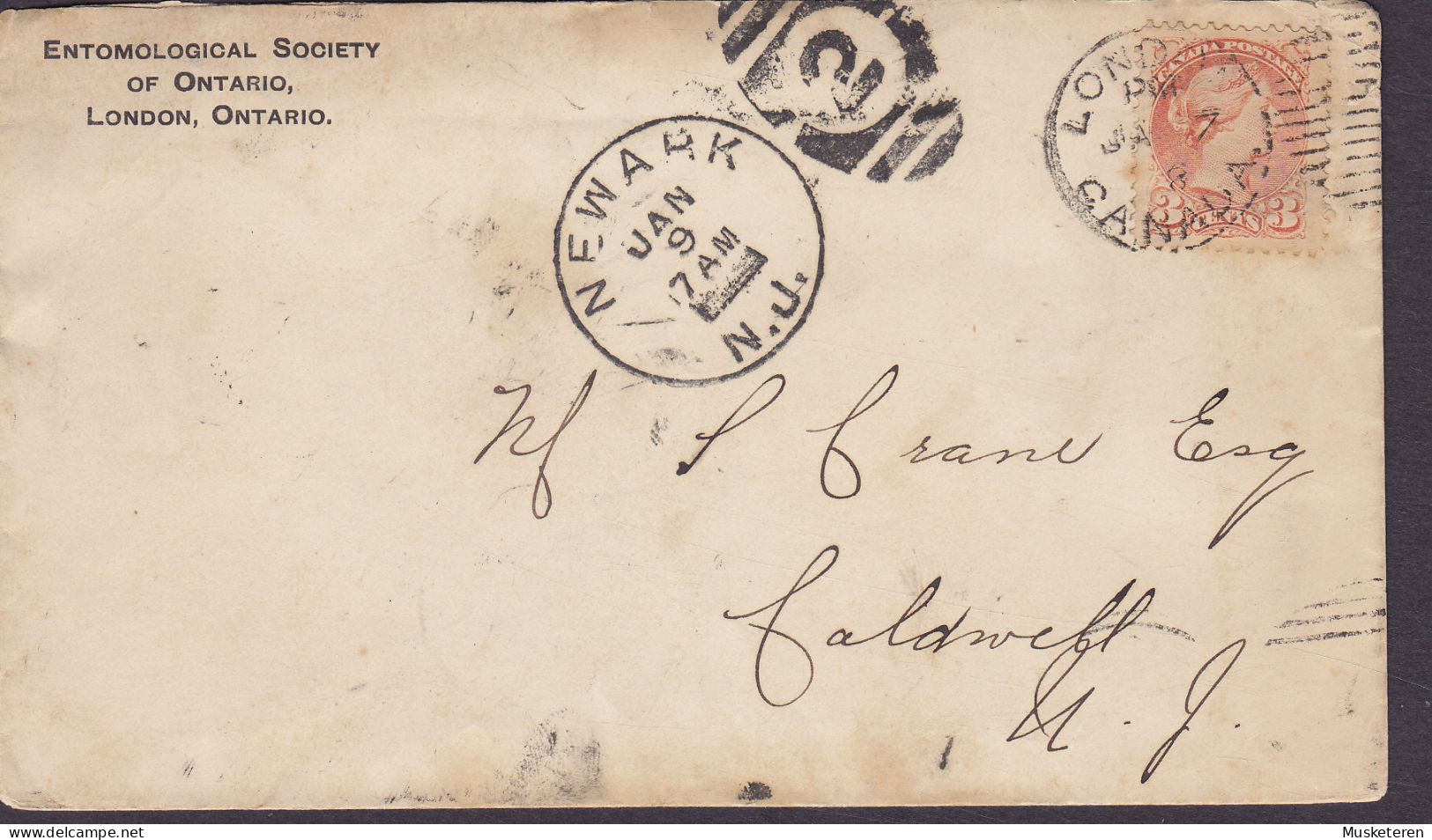 Canada ENTOMOLOGICAL SOCIETY Of Ontario LONDON Ontario 1888 Cover Lettre NEWARK USA 3c. Victoria Stamp - Brieven En Documenten