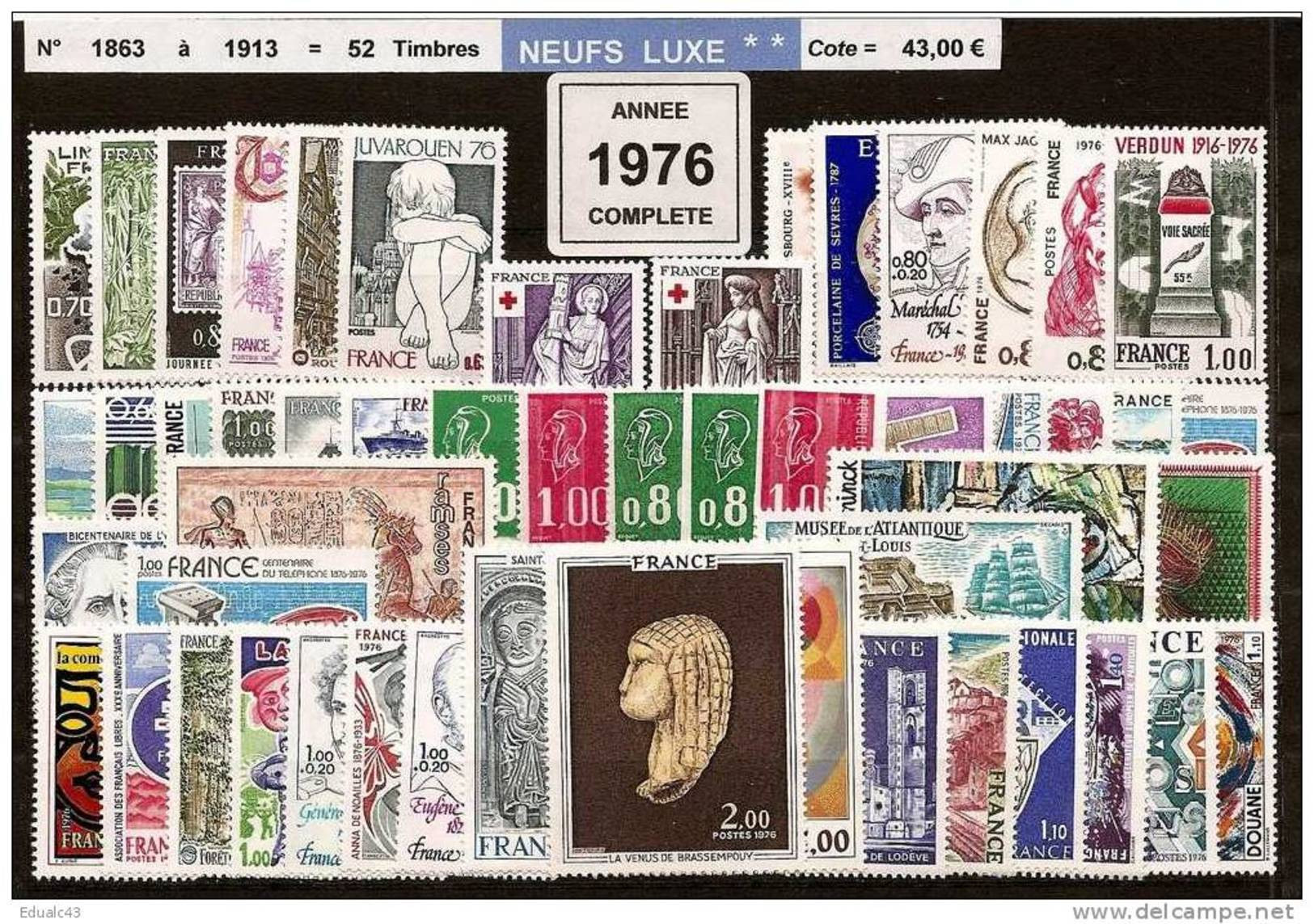 FRANCE - Année Complète 1976 - NEUF LUXE ** 52 Timbres - 1970-1979