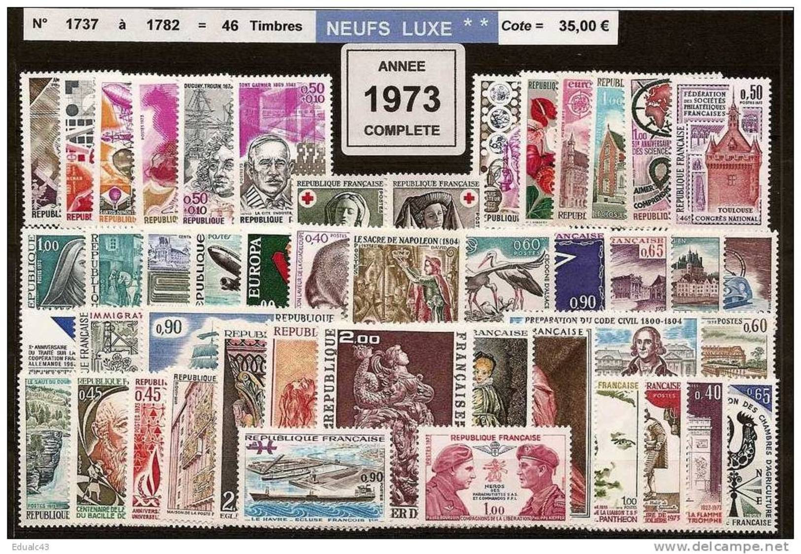 FRANCE - Année Complète 1973 - NEUF LUXE ** 46 Timbres - 1970-1979