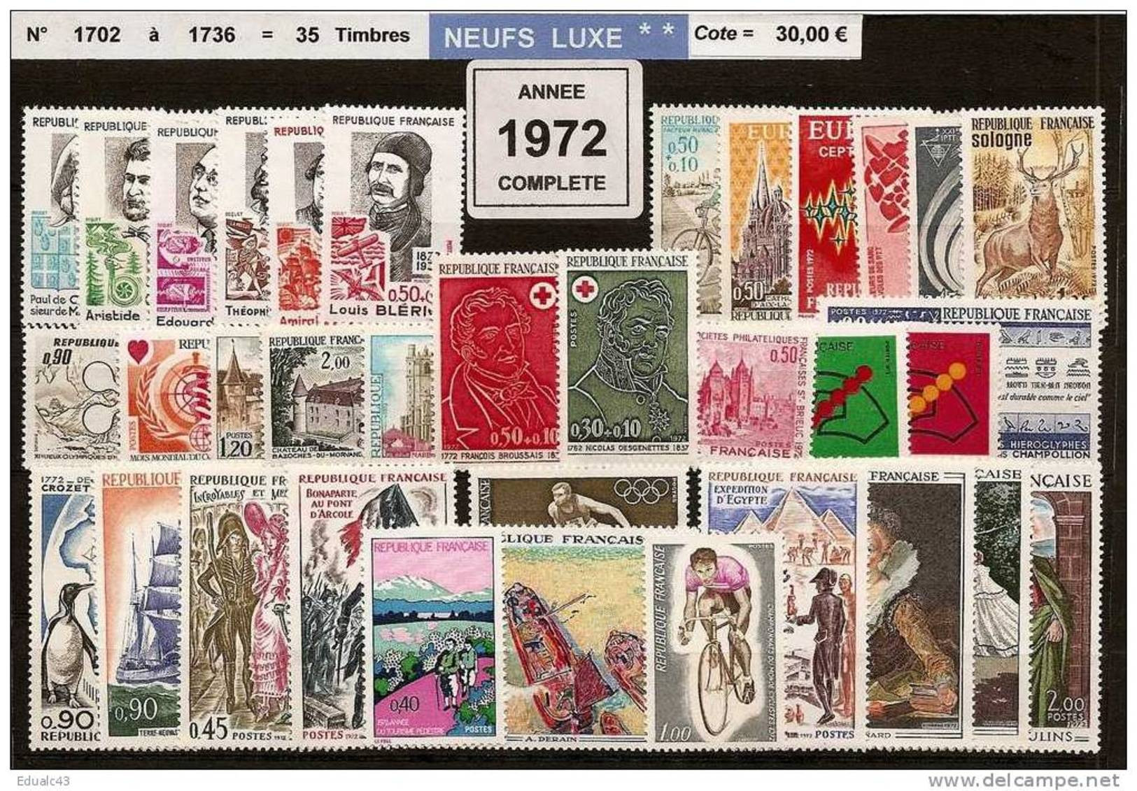 FRANCE - Année Complète 1972 - NEUF LUXE ** 35 Timbres - 1970-1979