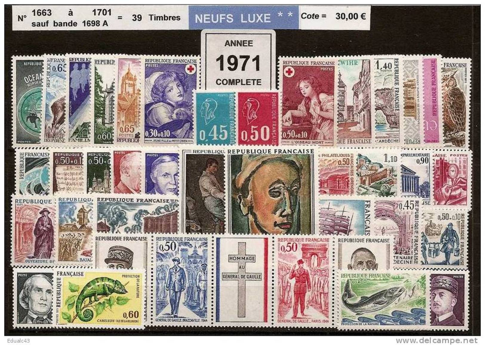 FRANCE - Année Complète 1971 - NEUF LUXE ** 39 Timbres - 1970-1979