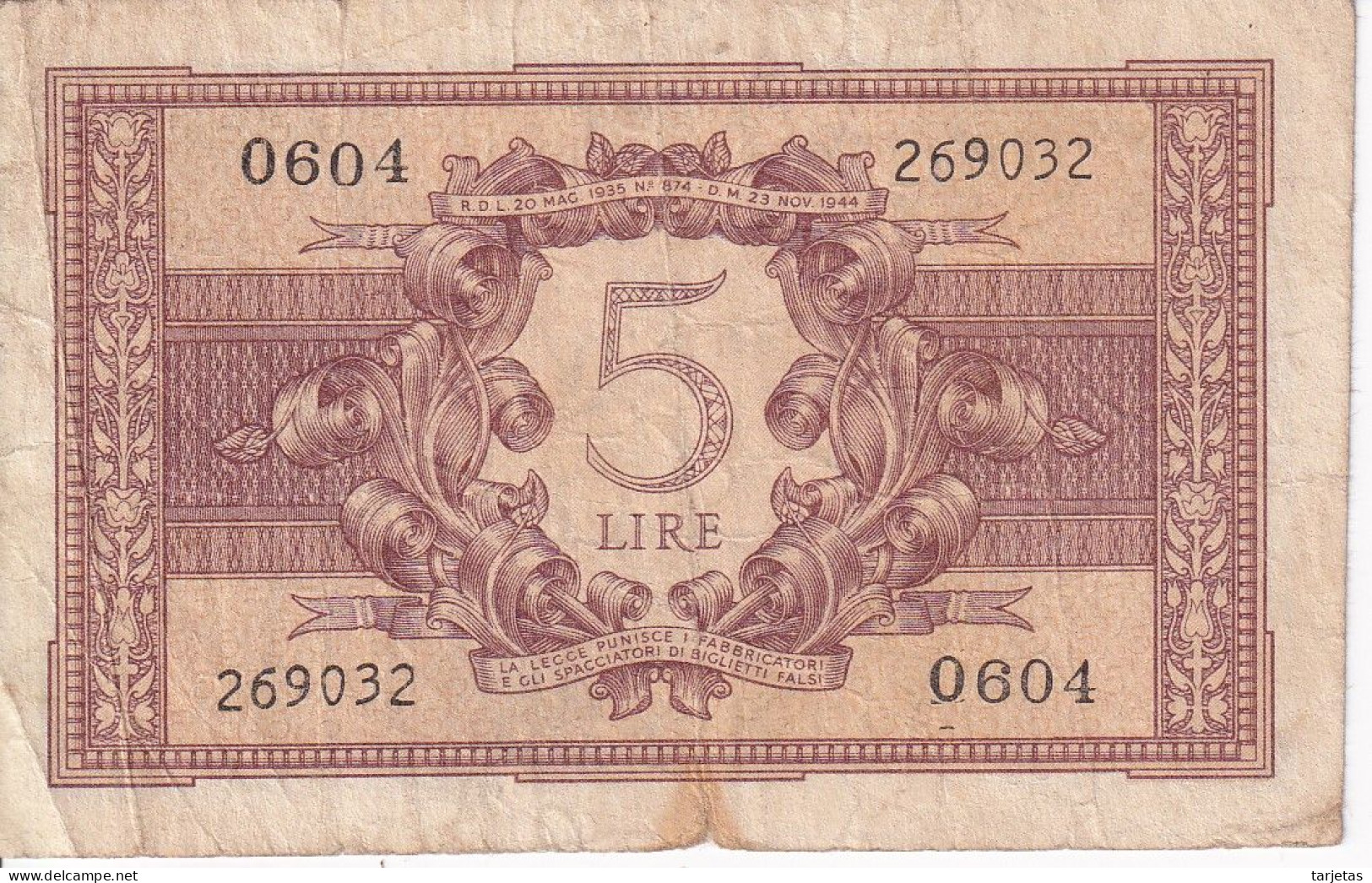 BILLETE DE ITALIA DE 5 LIRAS  BIGLIETO DI STATO DEL AÑO 1944 (BANKNOTE) - Italia – 5 Lire