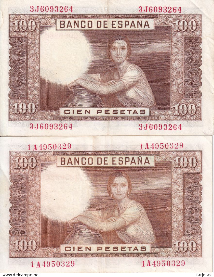 LOTE DE 2 BILLETES DE 100 PESETAS DEL AÑO 1953 DIFERENTES TONALIDADES - 100 Pesetas