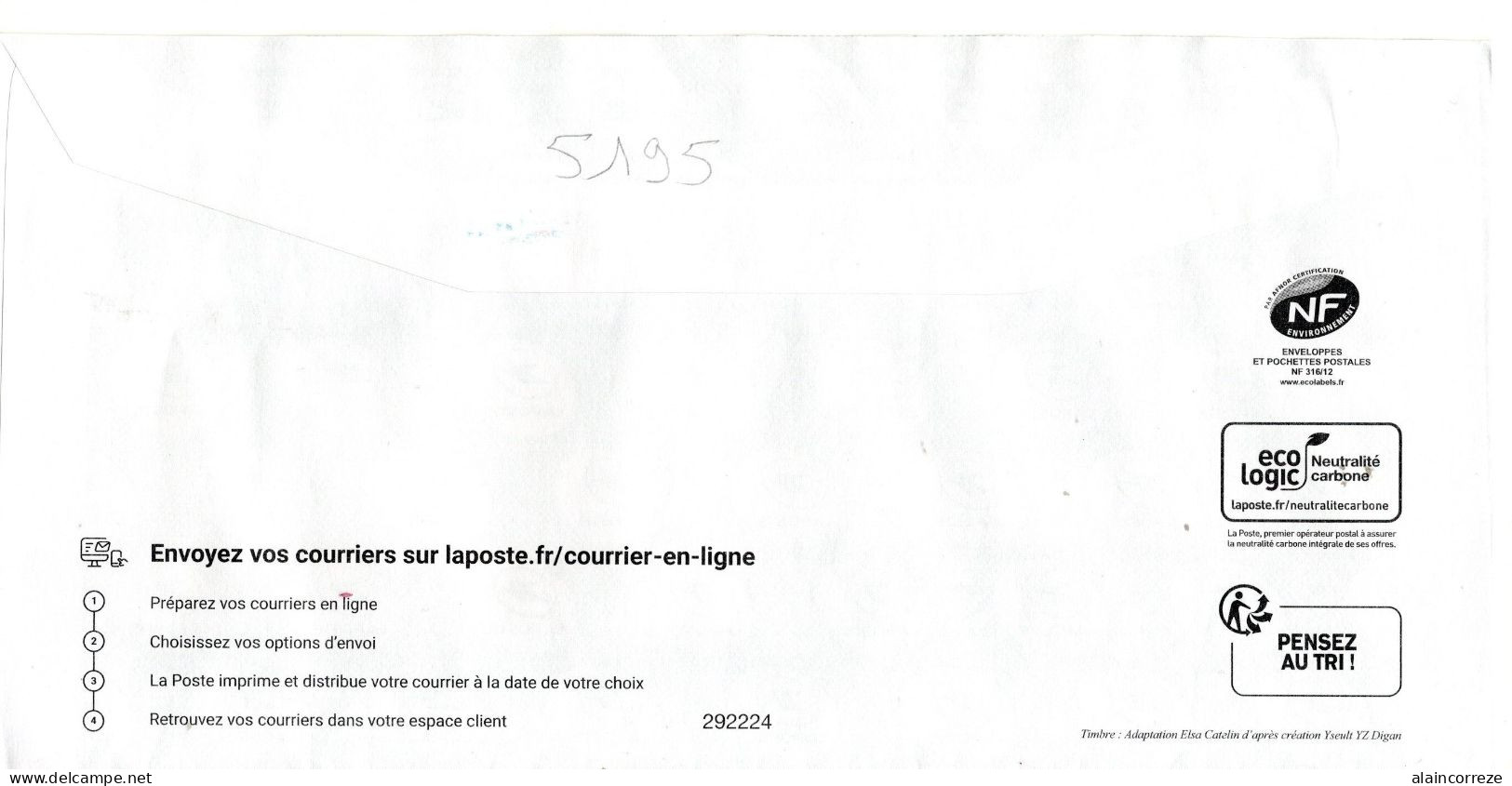 Entier Postal PAP De Service Lettre En Ligne La Poste Pour Envoi De Courrier Via Laposte.fr  N° Au Dos 292224 - Prêts-à-poster:Stamped On Demand & Semi-official Overprinting (1995-...)