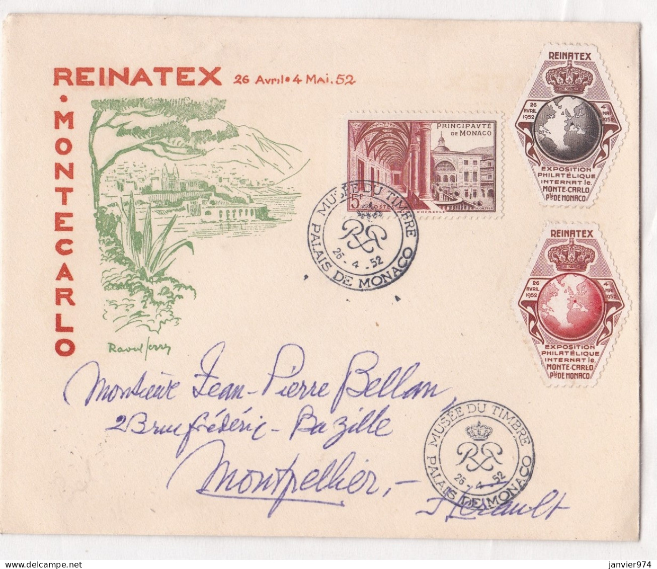 MONACO Enveloppe REINATEX Monté Carlo 1952 Vers Montpellier Hérault - - Briefe U. Dokumente