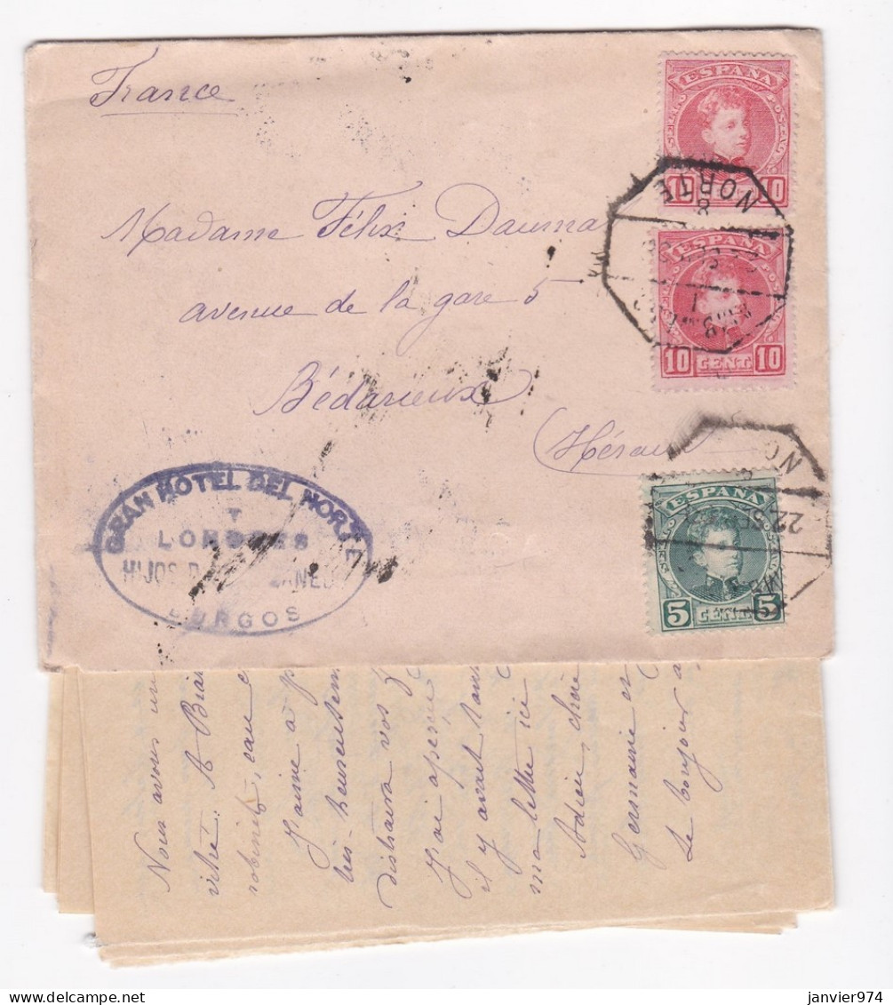 Enveloppe Et Lettre 1906 , Gran Hotel Norte Y Londres. Pour Bedarieux France. - Lettres & Documents