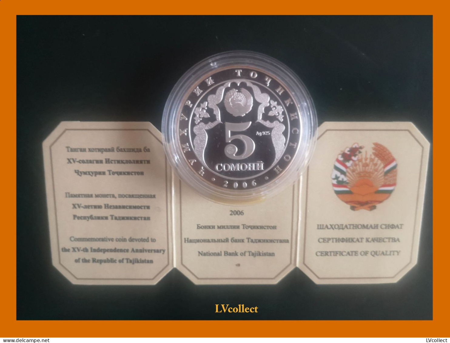 TAJIKISTAN 5 Somoni, Silver Proof Coin "Independence" 2006, Mintage - 1500, 34gr. Coin&Sertificate - Tagikistan