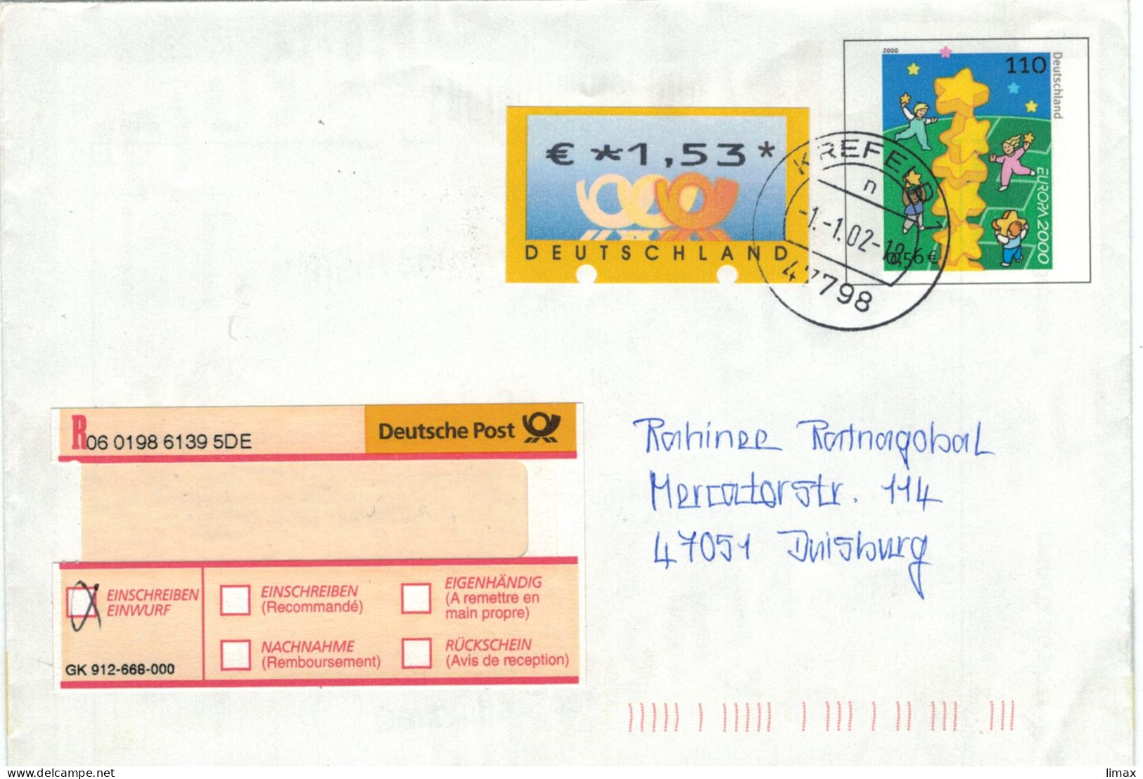 47798 Krefeld 2002 ATM Mischfrankatur DM & € > Duisburg - Einschreiben Ganzsache - Covers - Used