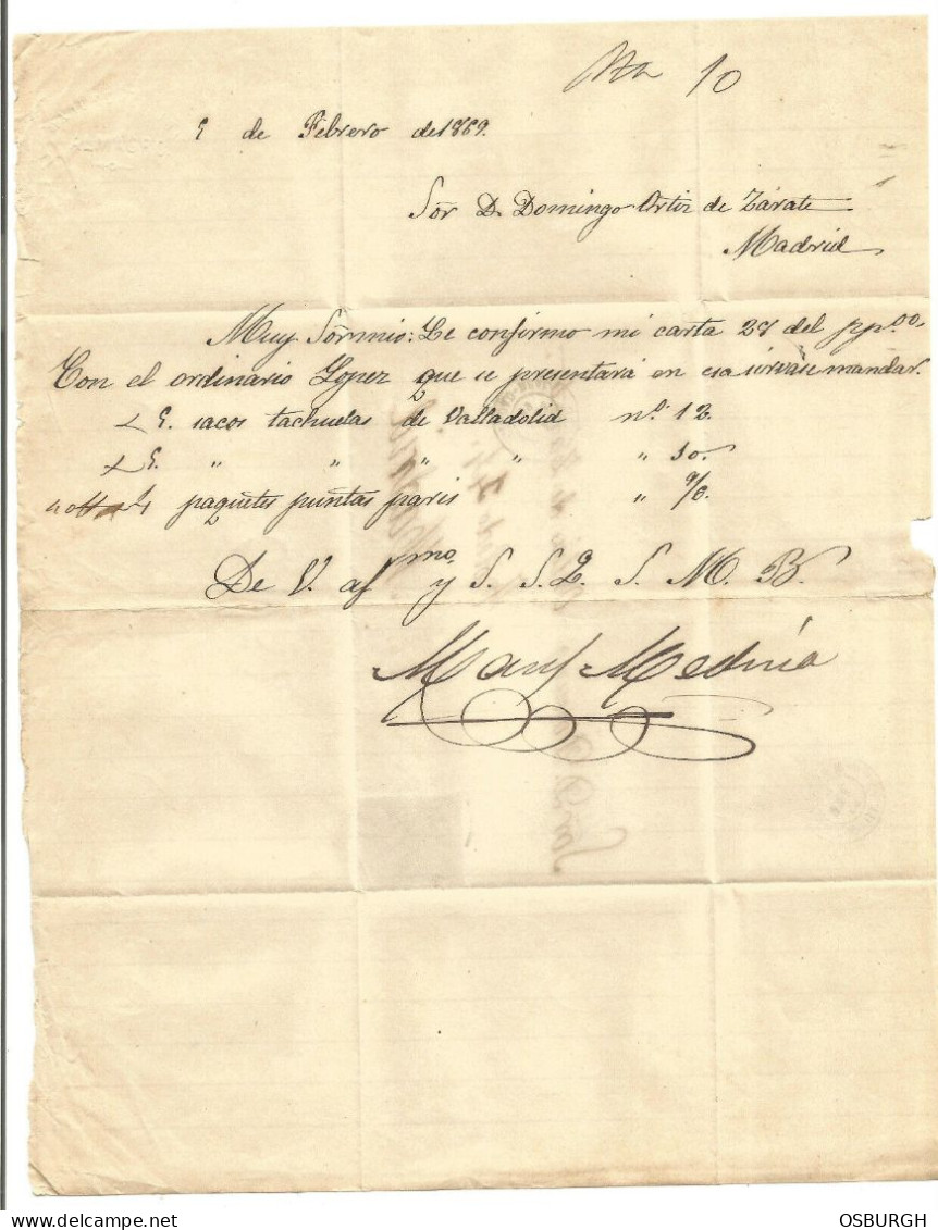 SPAIN. 1869. ENTIRE. ALMAGRO TO MADRID. SAMUEL MEDINA. - Briefe U. Dokumente