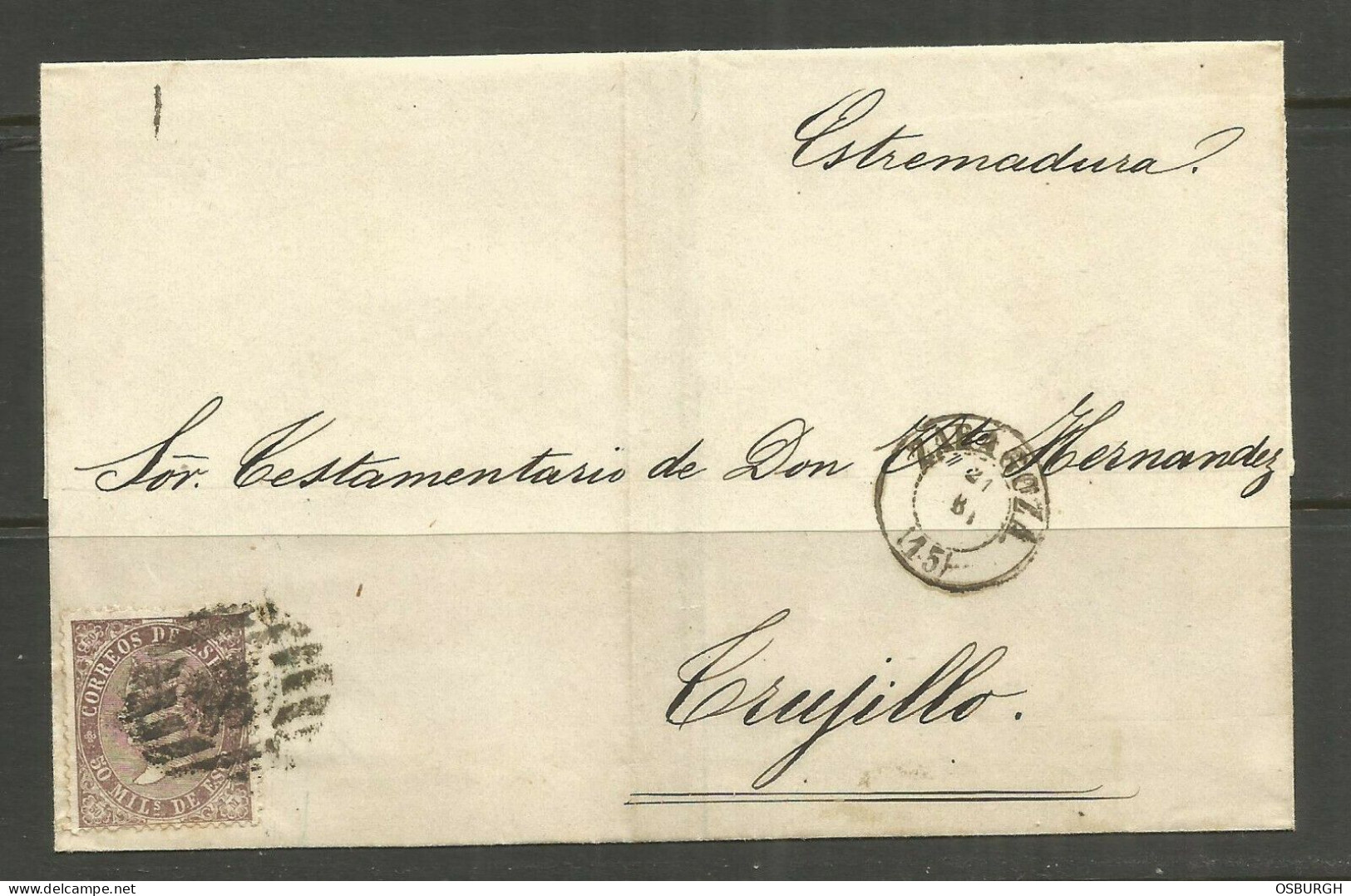 SPAIN. 1869. FOLDED ENVELOPE. ZARAGOZA TO CRUJILLO. A COVARRUBIAS IMPRESSED PAPER. - Covers & Documents