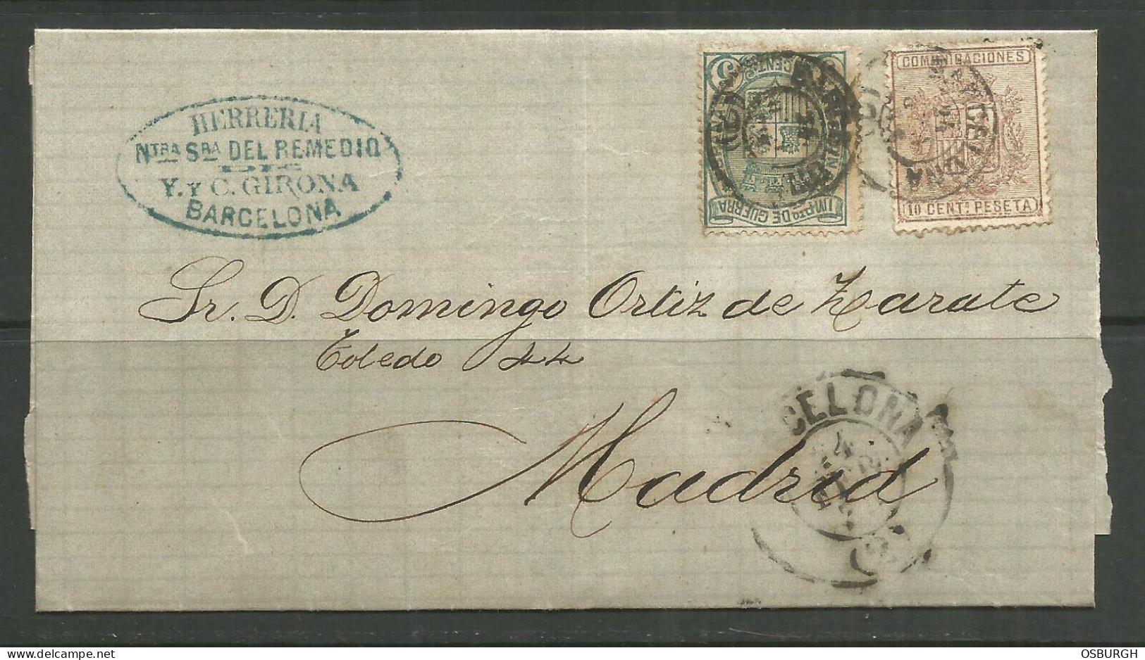 SPAIN. FOLDED COVER. BARCELONA TO MADRID. C GIRONA. - Lettres & Documents