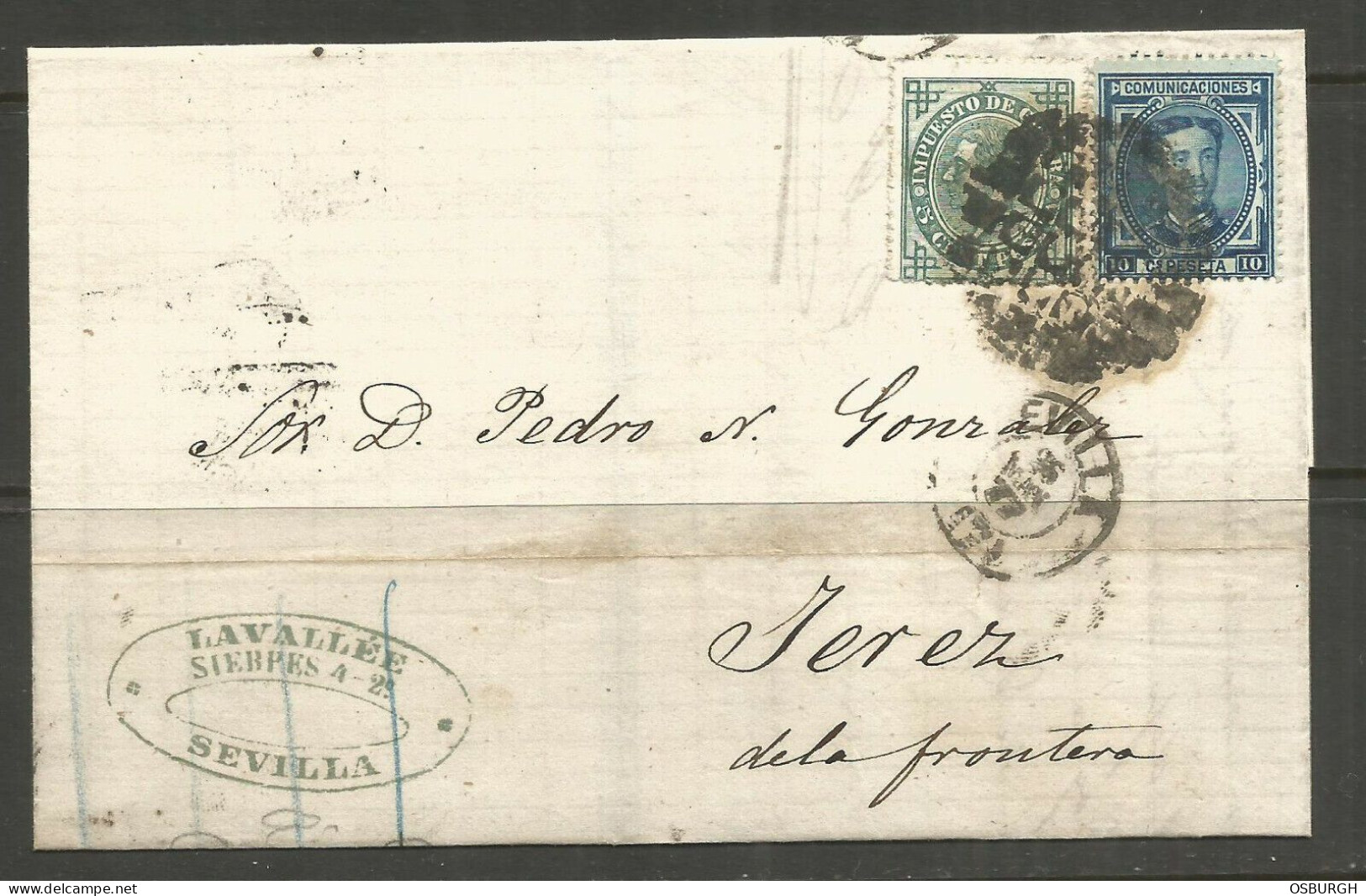 SPAIN. 1877. ENTIRE. SEVILLE TO JEREZ DELA FRONTERA. LAVALLEE. - Covers & Documents