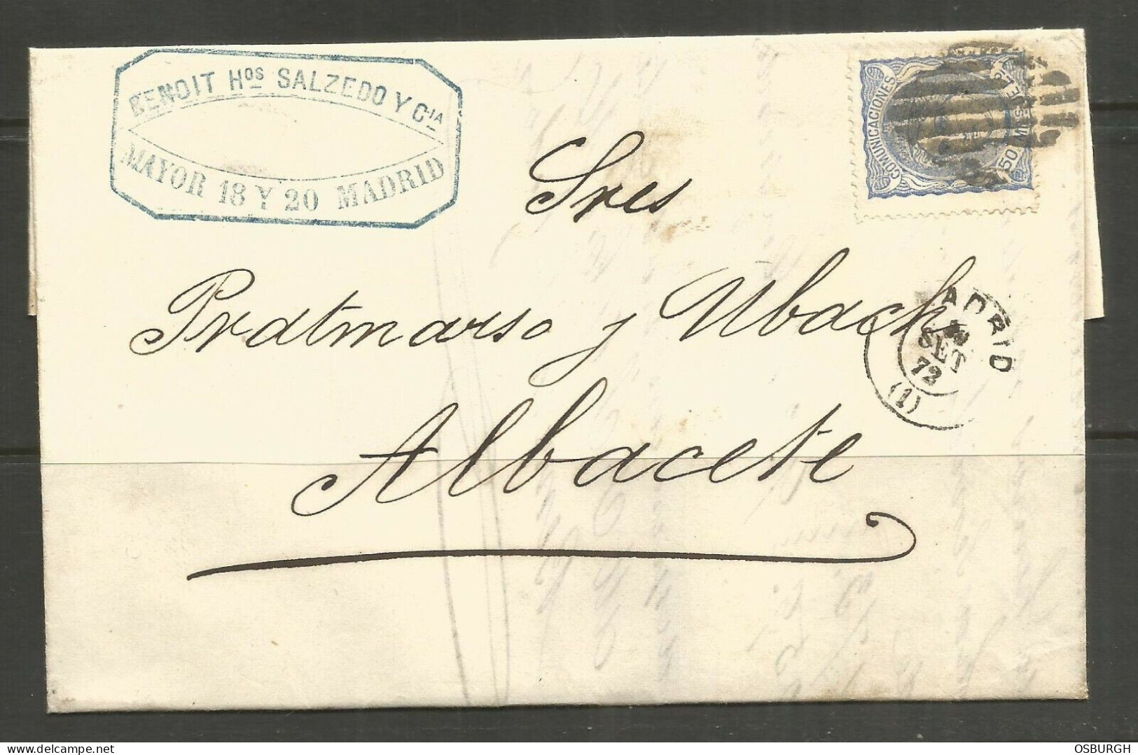 SPAIN. ENTIRE. 1873. MADRID TO ALBACETE. RENOIT HOS SALZEDO Y Cia. - Storia Postale