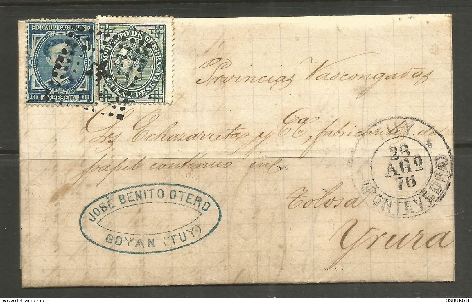 SPAIN. 1876. ENTIRE. TUY PONTEVEDRA. JOSE BENITO GOYAN. ADDRESSED TO TOLOSA YRURA. - Lettres & Documents