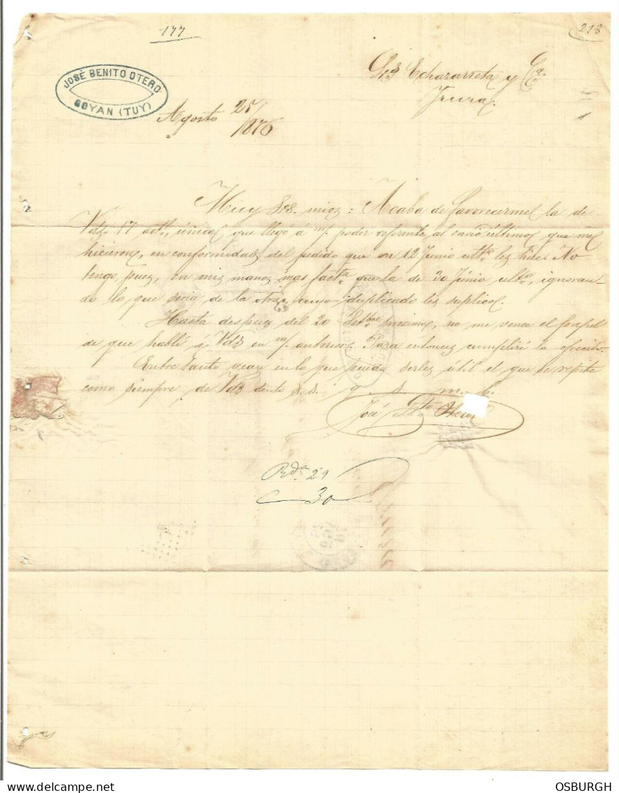SPAIN. 1876. ENTIRE. TUY PONTEVEDRA. JOSE BENITO GOYAN. ADDRESSED TO TOLOSA YRURA. - Lettres & Documents