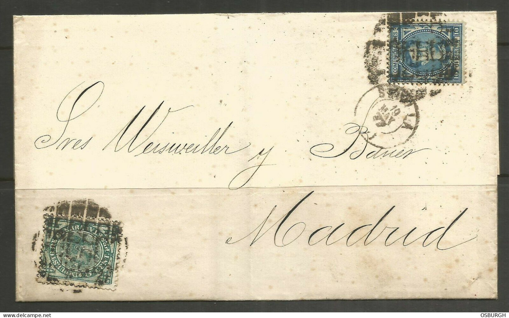 SPAIN. 1877. FOLDED ENVELOPE. SEVILLE TO MADRID. - Cartas & Documentos