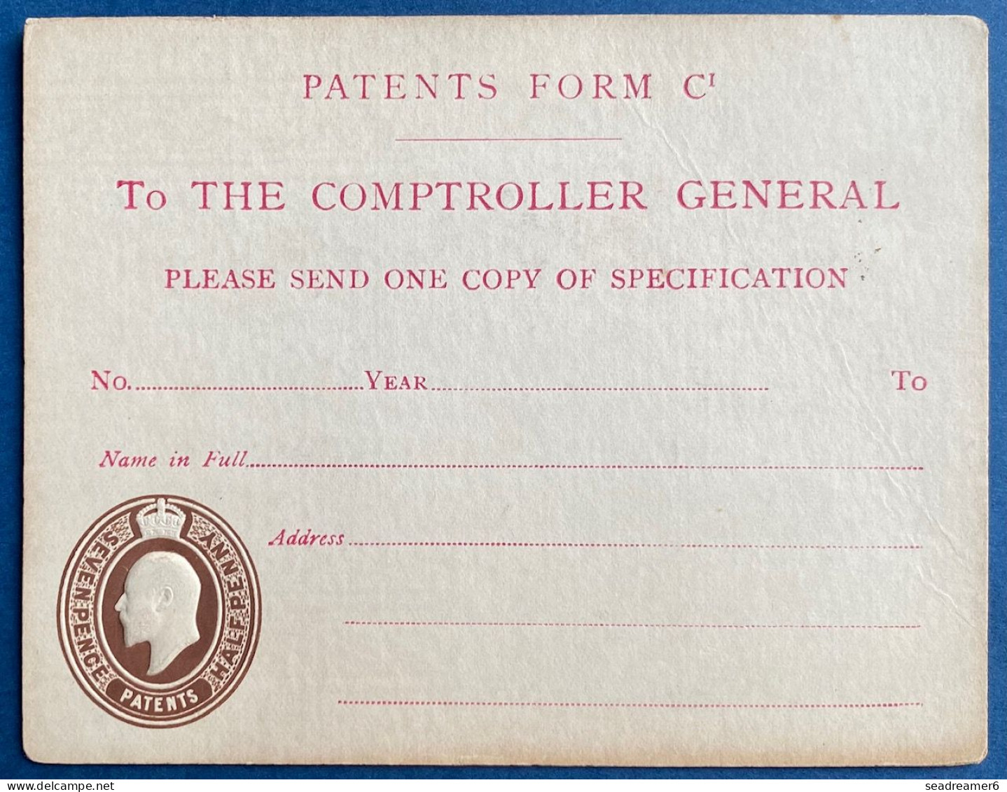 Postal Card Stationary George V 1/2 Penny Vert Patents Embossed Stamp On Reverse Unused 7 1/2 Penny Brown Scarce - Postwaardestukken