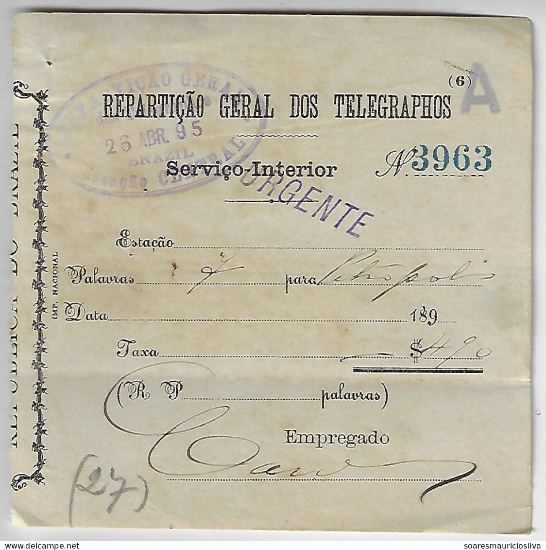 Brazil 1895 Telegram Receipt By General Office Of Telegraphs Sent From Rio De Janeiro To Petrópolis - Storia Postale