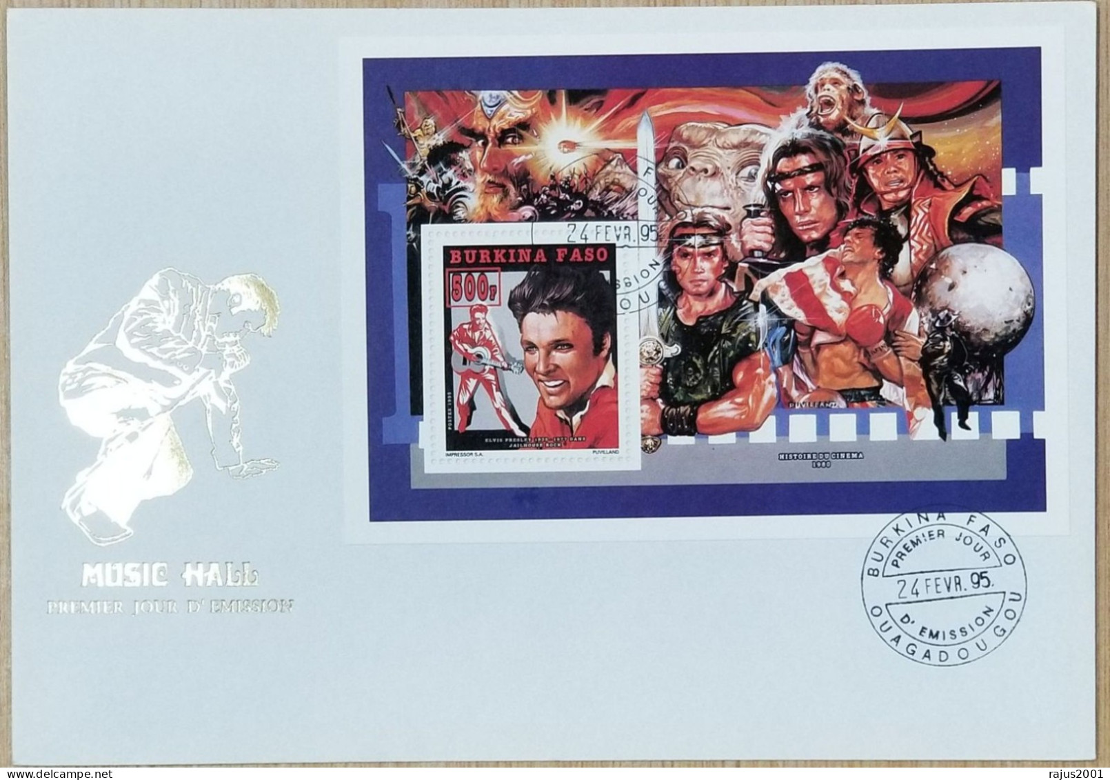 History Of Cinema Elvis Presley, Star Wars, Arnold Schwarzenegger, Sylvester Stallone, Burkina Faso Golden Cachet MS FDC - Elvis Presley