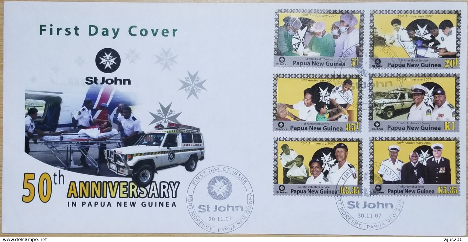 St. John Ambulance Service, Blind, Blood Donation, Heath, Transport, First Aid, Medicine, Medical, Papua New Guinea FDC - First Aid