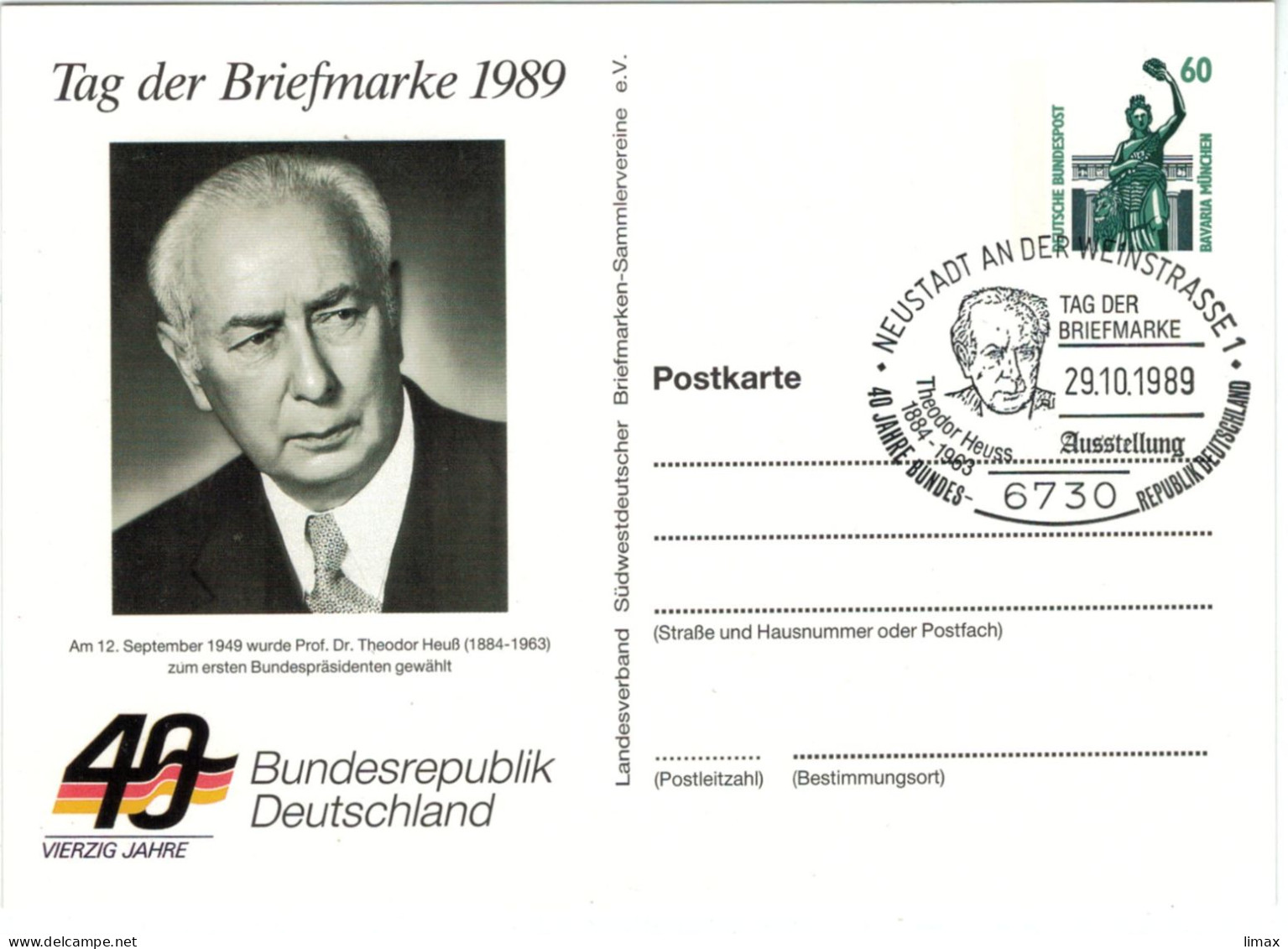 Ganzsache Bavaria München - Theodor Heuss 6730 Neustadt Weinstrasse 1989 - Cartes Postales Privées - Oblitérées