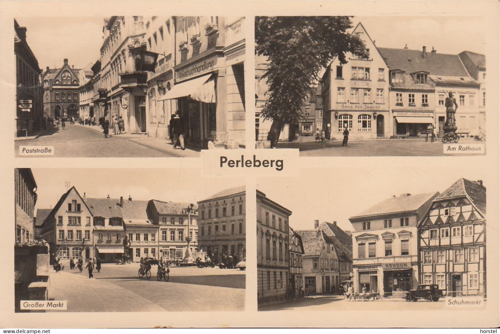 D-19348 Perleberg - Alte Straßenansichten - Großer Markt - Poststraße - Schuhmarkt - Rathaus - Car - Oldtimer - Stamp - Perleberg