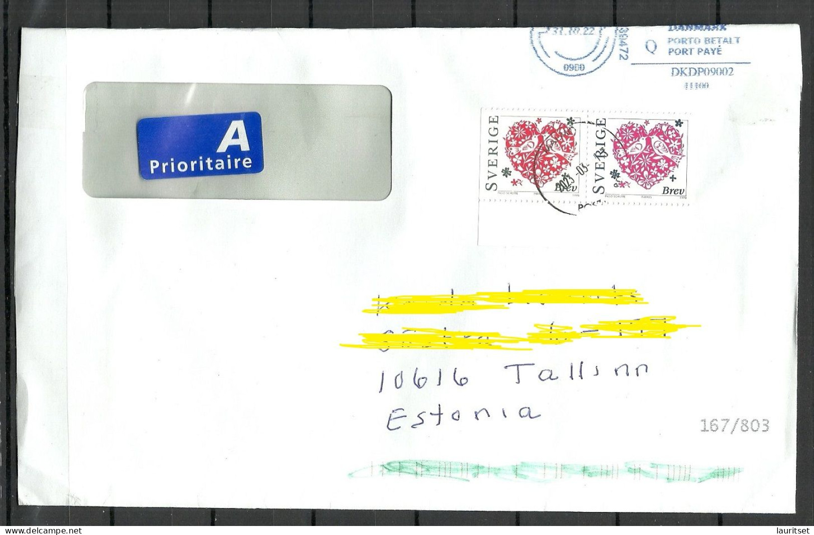 SCHWEDEN Sweden 2023 Air Mail Cover To Estonia. An Cover From Denmark Cover Has Been Re-used! Interesting - Briefe U. Dokumente