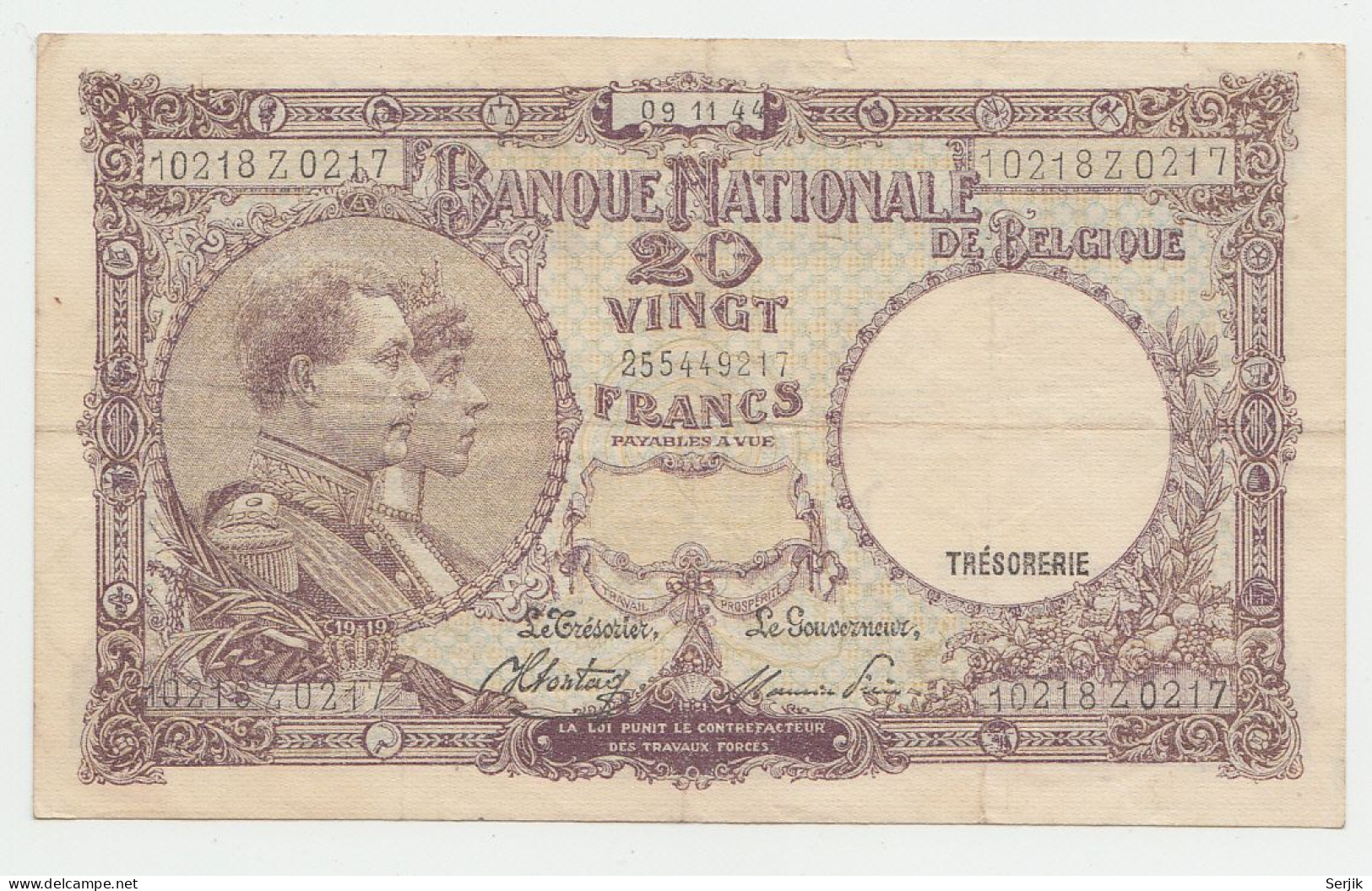 Belgium 20 Francs 1944 "F+" CRISP Banknote Pick 111 - 20 Francs