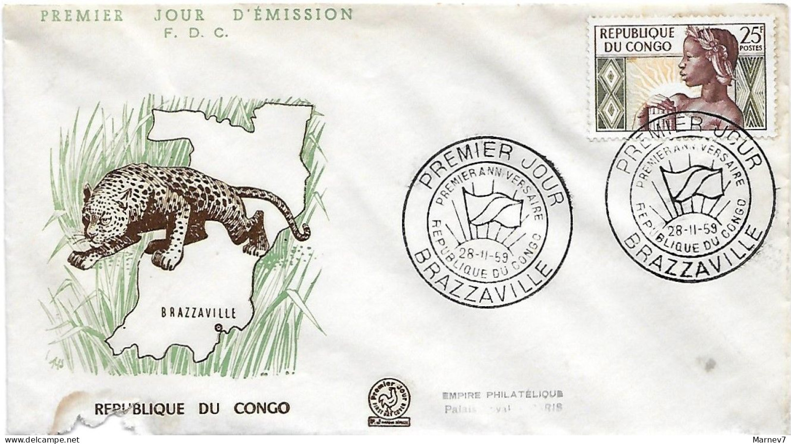 CONGO République - Enveloppe 1er Jour 28 11 59 - Cad Premier Anniversaire BRAZZAVILLE -Yvert 135 - 1959 - Oblitérés