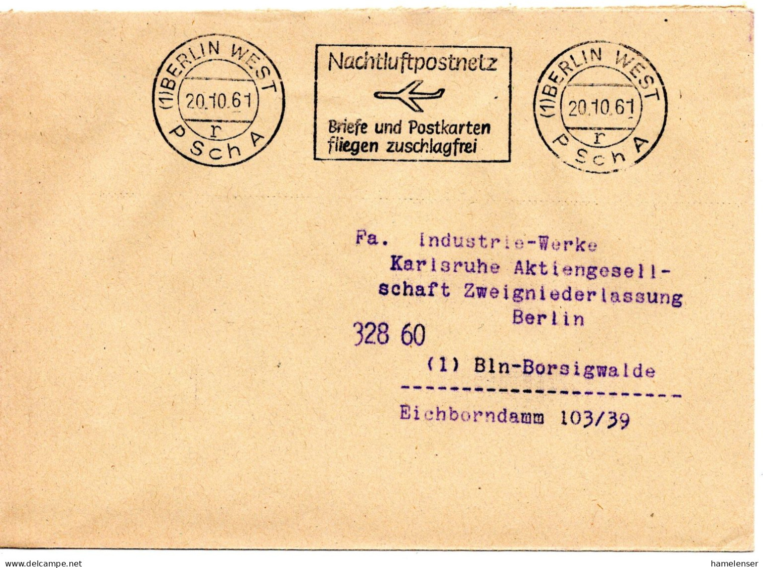 57816 - Berlin - 1961 - PostscheckOrtsBf BERLIN WEST PSCHA - NACHTLUFTPOSTNETZ - Storia Postale