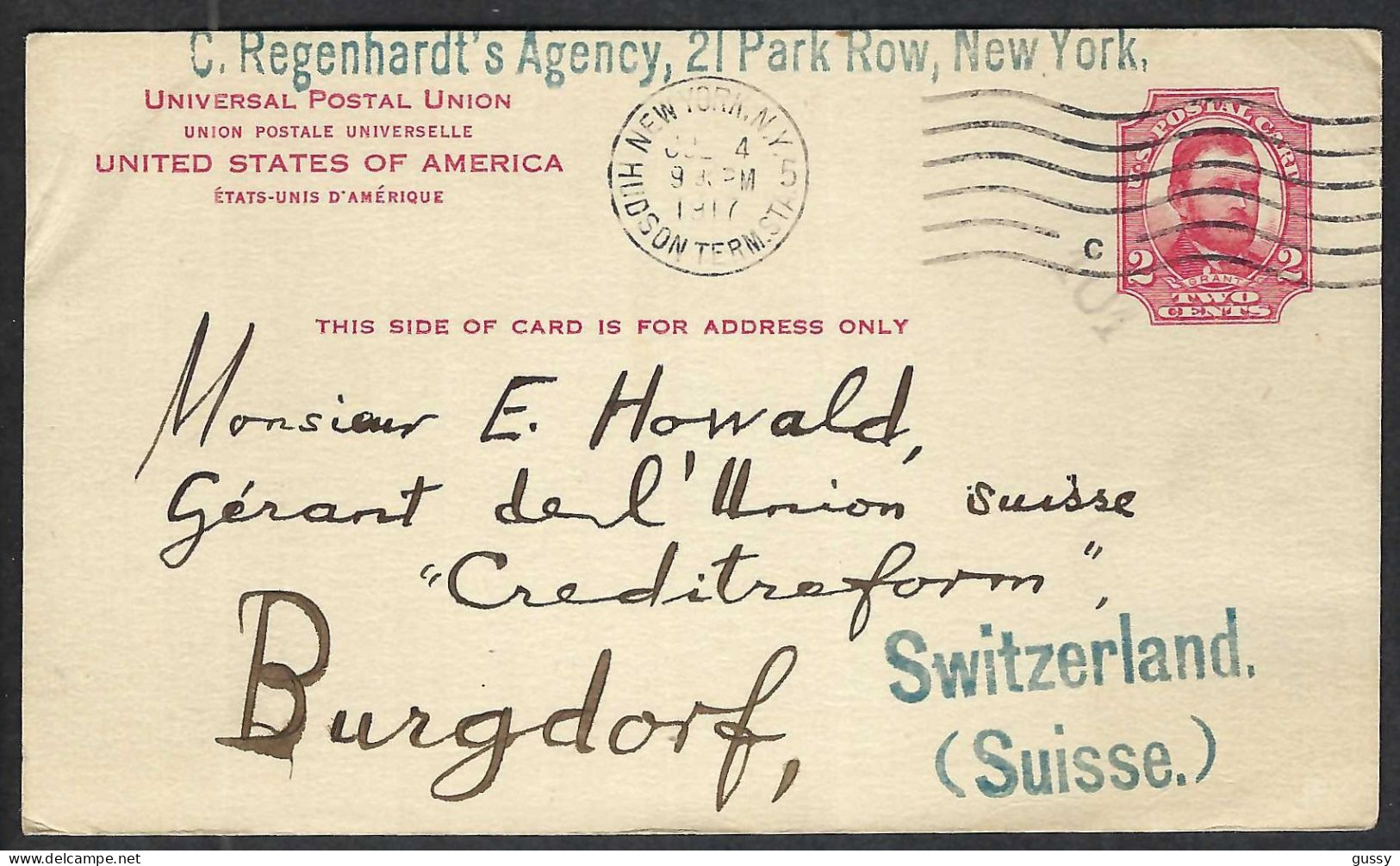 ETATS UNIS 1917: CP Entier De 2c De New York Pour Burgdorf (Suisse) - 1901-20