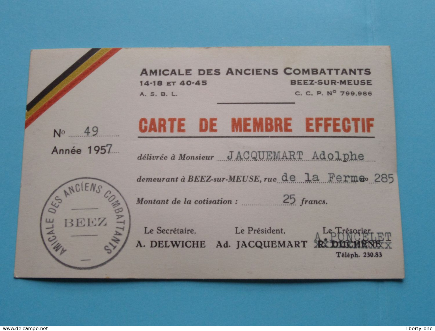 AMICALE Des Anciens COMBATTANTS Beez-Sur-Meuse > België ( Zie / Voir Scans ) 1957 ( Carte De Membre ) ! - Lidmaatschapskaarten