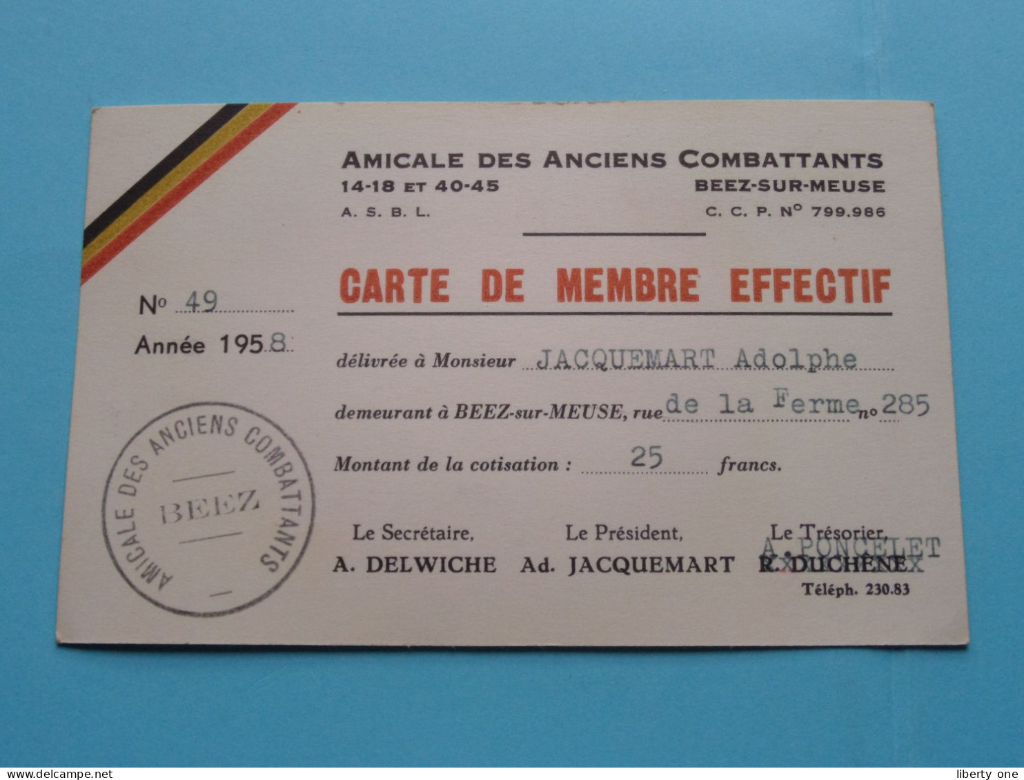 AMICALE Des Anciens COMBATTANTS Beez-Sur-Meuse > België ( Zie / Voir Scans ) 1958 ( Carte De Membre ) ! - Tarjetas De Membresía