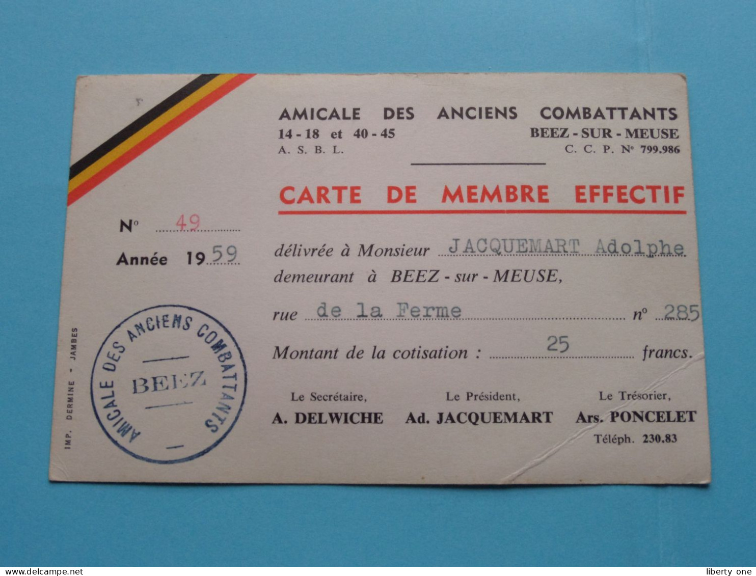 AMICALE Des Anciens COMBATTANTS Beez-Sur-Meuse > België ( Zie / Voir Scans ) 1959 ( Carte De Membre ) ! - Tessere Associative