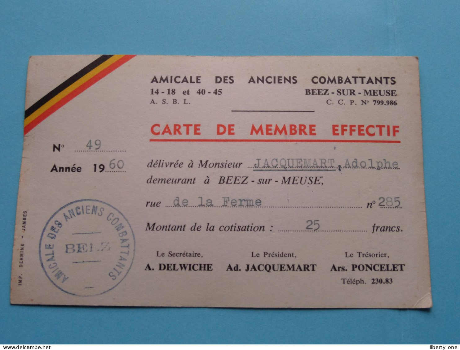 AMICALE Des Anciens COMBATTANTS Beez-Sur-Meuse > België ( Zie / Voir Scans ) 1960 ( Carte De Membre ) ! - Lidmaatschapskaarten