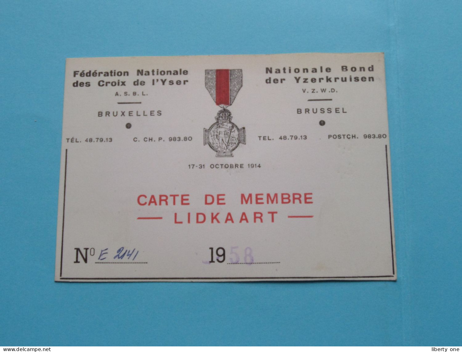 Féd. Nat. Des CROIX De L'YSER - Bond Der IJZERKRUISEN ( Zie / Voir Scans ) 1958 ( Carte De Membre ) ! - Cartes De Membre