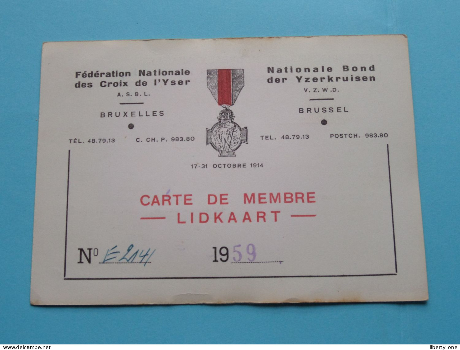 Féd. Nat. Des CROIX De L'YSER - Bond Der IJZERKRUISEN ( Zie / Voir Scans ) 1959 ( Carte De Membre ) ! - Lidmaatschapskaarten