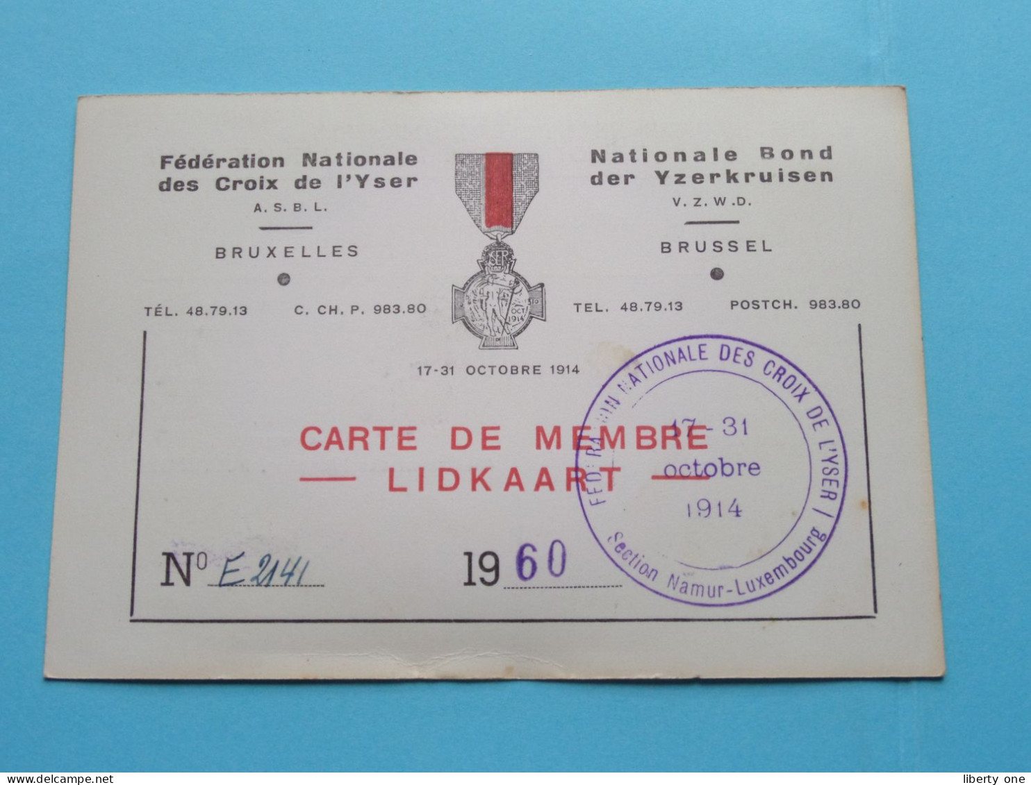 Féd. Nat. Des CROIX De L'YSER - Bond Der IJZERKRUISEN ( Zie / Voir Scans ) 1960 ( Carte De Membre ) ! - Membership Cards