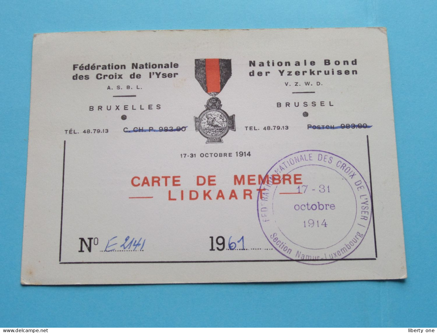 Féd. Nat. Des CROIX De L'YSER - Bond Der IJZERKRUISEN ( Zie / Voir Scans ) 1961 ( Carte De Membre ) ! - Mitgliedskarten