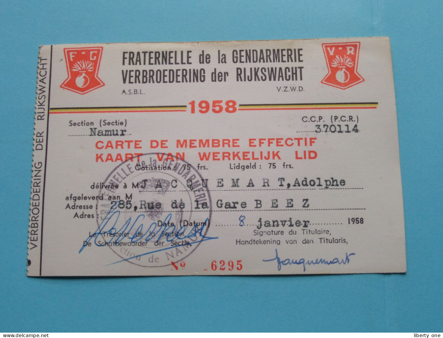 FRATERNELLE De La GENDARMERIE - VERBROEDERING Der RIJKSWACHT ( Zie / Voir Scans ) 1958 ( Carte De Membre ) ! - Tarjetas De Membresía