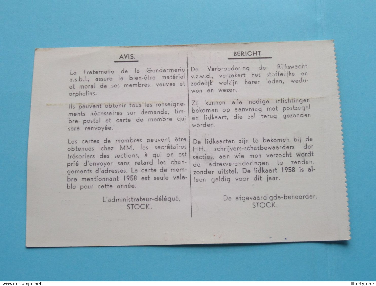 FRATERNELLE De La GENDARMERIE - VERBROEDERING Der RIJKSWACHT ( Zie / Voir Scans ) 1958 ( Carte De Membre ) ! - Tarjetas De Membresía