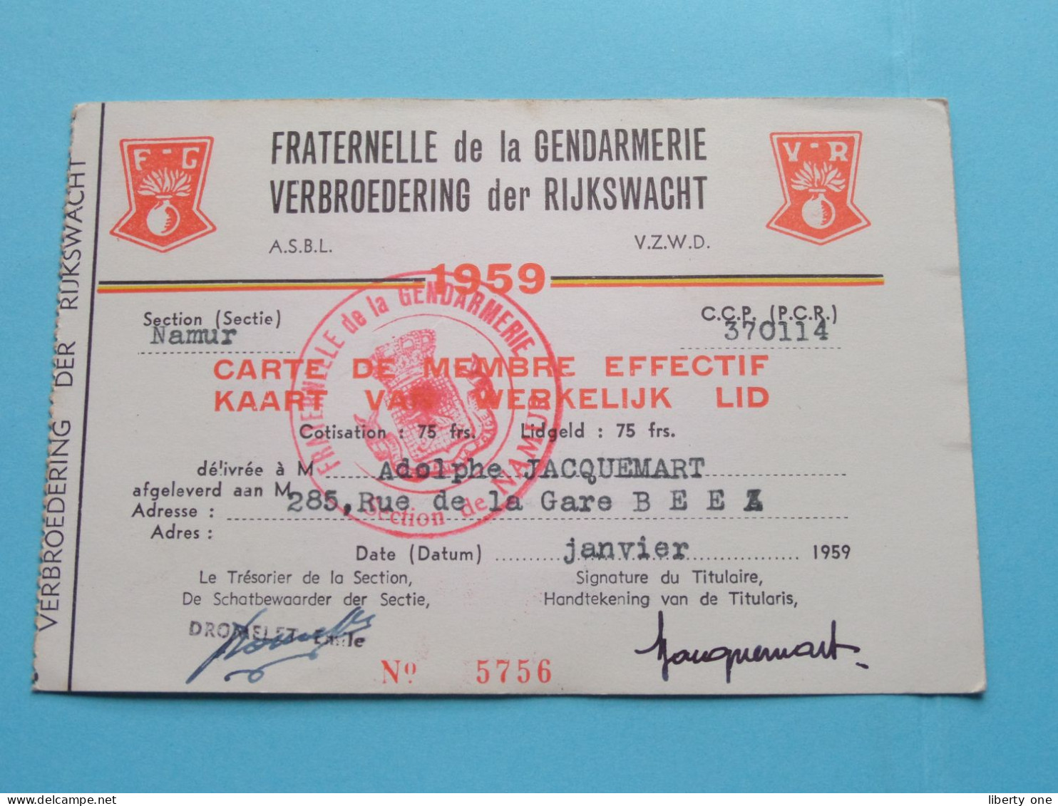 FRATERNELLE De La GENDARMERIE - VERBROEDERING Der RIJKSWACHT ( Zie / Voir Scans ) 1959 ( Carte De Membre ) ! - Tarjetas De Membresía