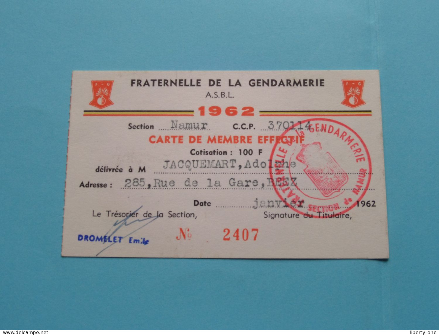 FRATERNELLE De La GENDARMERIE Sect. Namur ( Zie / Voir Scans ) 1962 ( Carte De Membre ) ! - Mitgliedskarten