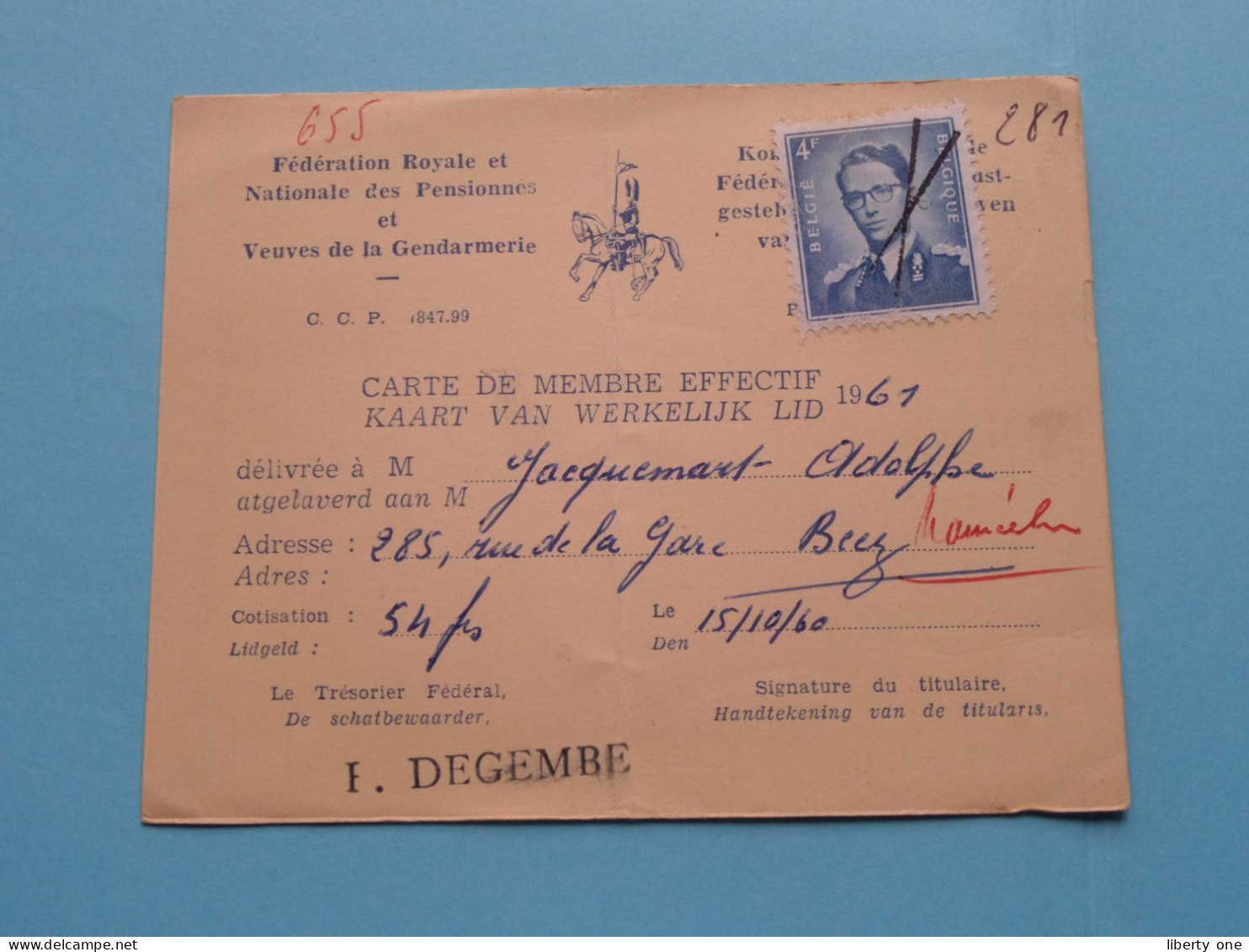 Fed. Royale Nat. Des Pensionnés Et Veuves De La GENDARMERIE ( Zie / Voir Scans ) 1961 ( Carte De Membre ) ! - Cartes De Membre