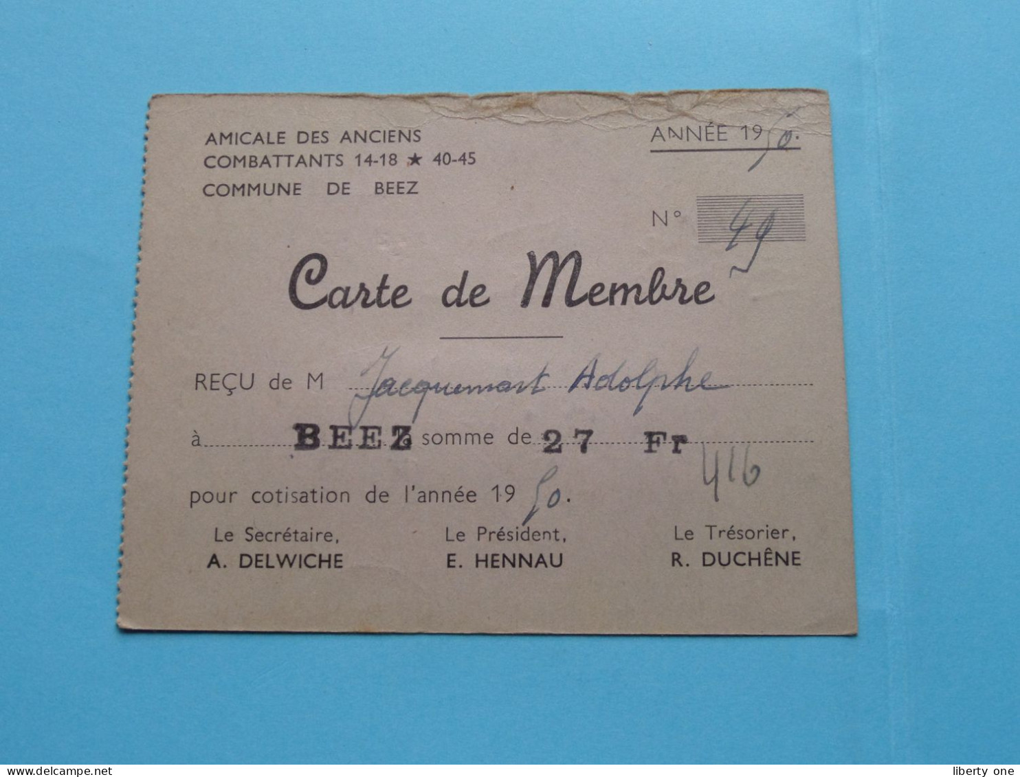 Am. Des Anciens COMBATTANTS 14-18 * 45-45 Com. De BEEZ ( Zie / Voir Scans ) 1950 ( Carte De Membre ) ! - Tessere Associative