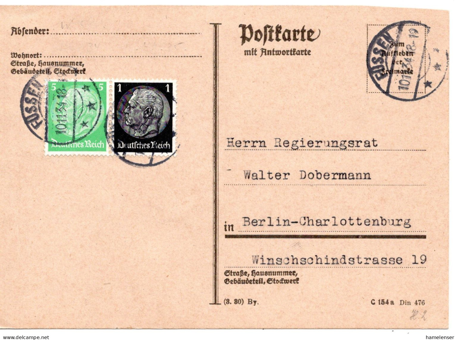 57838 - Deutsches Reich - 1934 - 5+1Pfg Hindenburg ZDr A Kte FUESSEN -> Berlin - Zusammendrucke