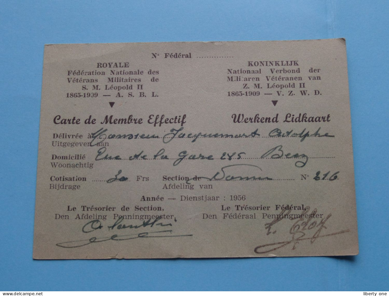 Féd. Royale & Nat. Des Vétérans Militaires De S. M. Léopold II 1865-1909 ( Zie / Voir Scans ) 1956 ( Membre Sect.216 ) ! - Membership Cards